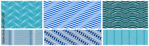 Geometric wavy lines seamless pattern vector set, 3D dimensional endless background wallpaper design image collection, stripy curved tillable texture.