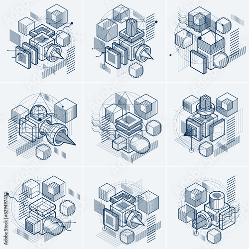 Isometric abstract backgrounds with linear dimensional shapes, vector 3d mesh elements. Compositions of cubes, hexagons, squares, rectangles and different abstract elements. Vector collection.