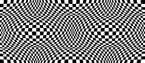 Checkered seamless pattern with optical illusion of spherical volume, black and white geometric abstract background, chess board 3D effect op art.