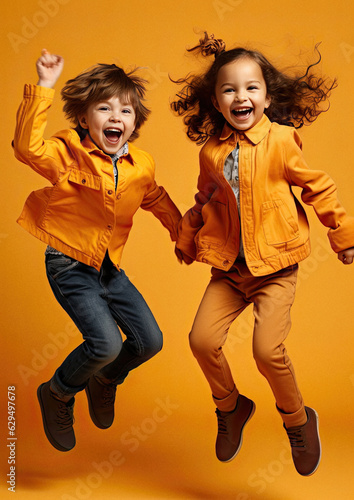 Young happy children with joy jumping in the air against a bright colorful background, ai generated