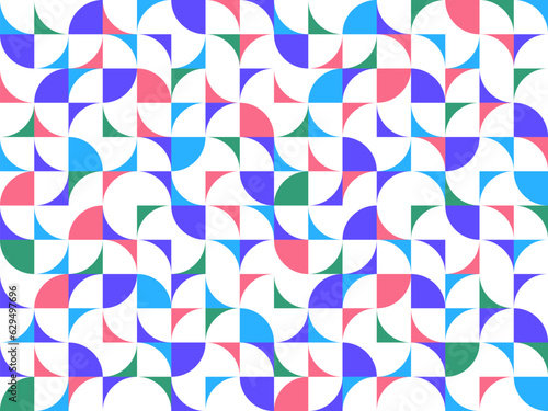 Geometric abstract seamless pattern with colorful simple elements of geometry, wallpaper background in retro 70s style, Bauhaus constructive style tiles.