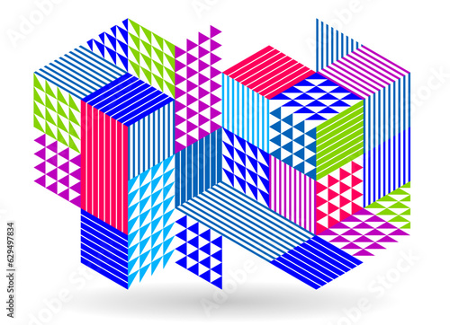 3D isometric cubic design vector geometric abstract background, modern city abstraction theme, construction buildings and blocks look like shapes, polygonal style.