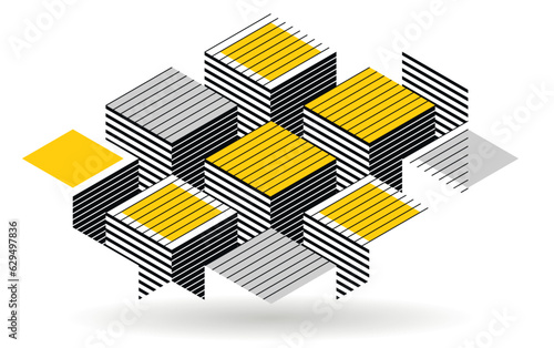 Abstract vector art with 3D isometric cubes geometric background, op art blocks with different forms isolated, polygonal graphic design, cubical theme.