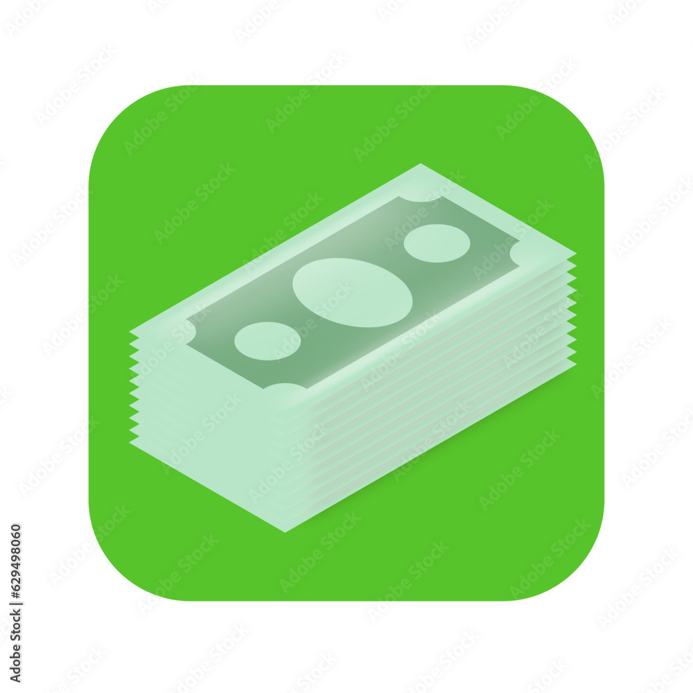 Vector green paper dollars banknote stack isolated on green background. Isometric Dollar stack icon design template. Money icon and label Vector green paper dollars banknote stack isolated on green background. Isometric Dollar stack icon design template. Money icon and label