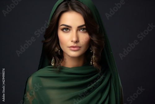 Pakistani Woman Wrapped in Green Dress: Joyful Studio Portrait, Ai Generative