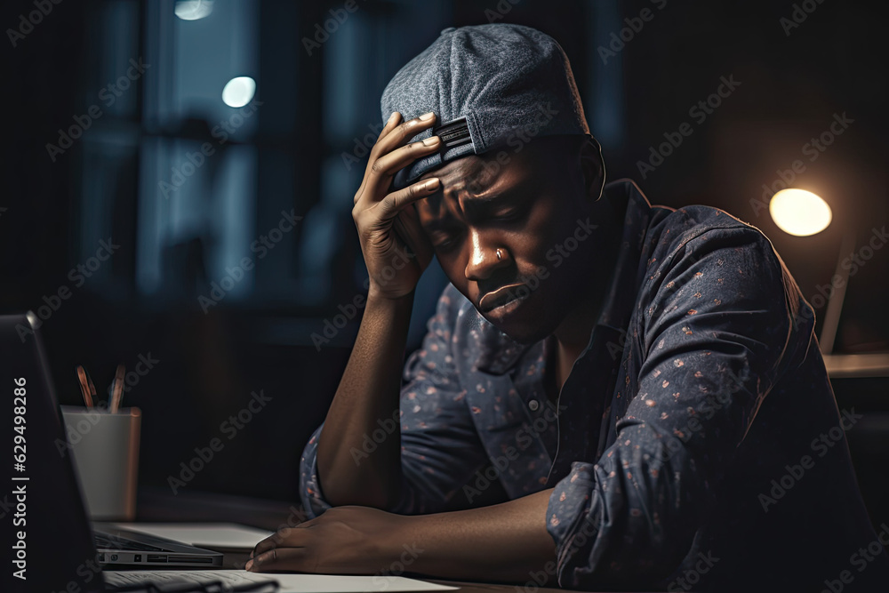 Tired, frustrated, exhausted, stressed American black man sitting at desk working on laptop. Male at Overnight work. Generated Ai