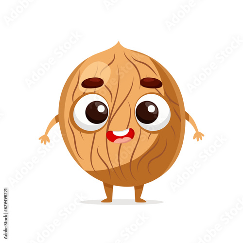 Funny cartoon walnut. Kawaii nut character. Vector food illustration isolated on white background