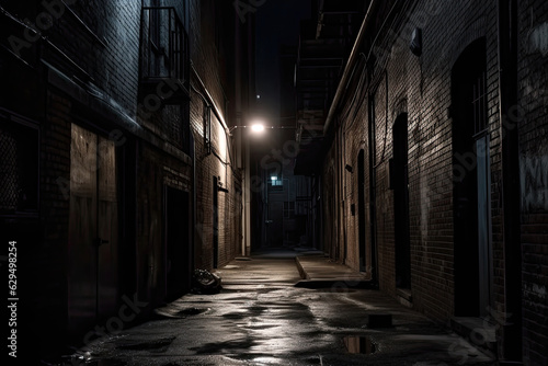 Dark creepy alley at night lined with buildings lit by one street lamp.