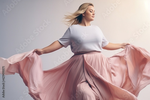 Expressive Contemporary Dance Performance, Fit plus size woman, sport clothing, pastel shades Generative AI