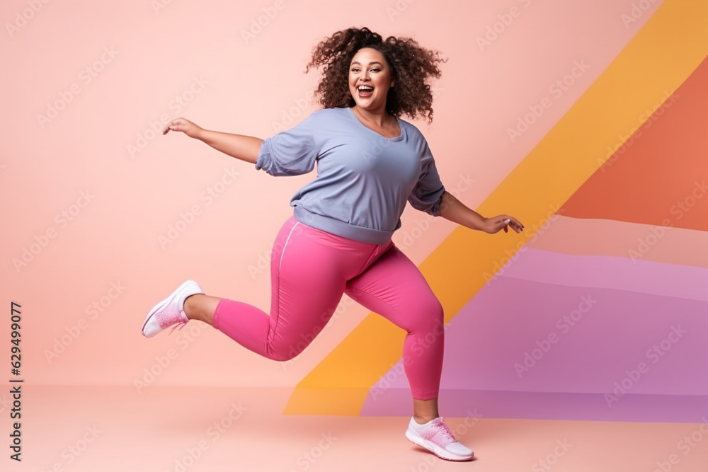 Fun and Playful Dance Moves, Fit plus size woman, sport clothing, pastel shades Generative AI