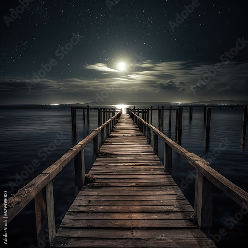 Moonlight pier with wooden walkway. 