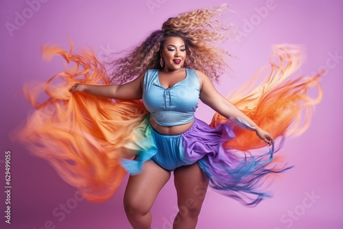 Energetic and Colorful Samba Dance, Fit plus size woman, sport clothing, pastel shades Generative AI