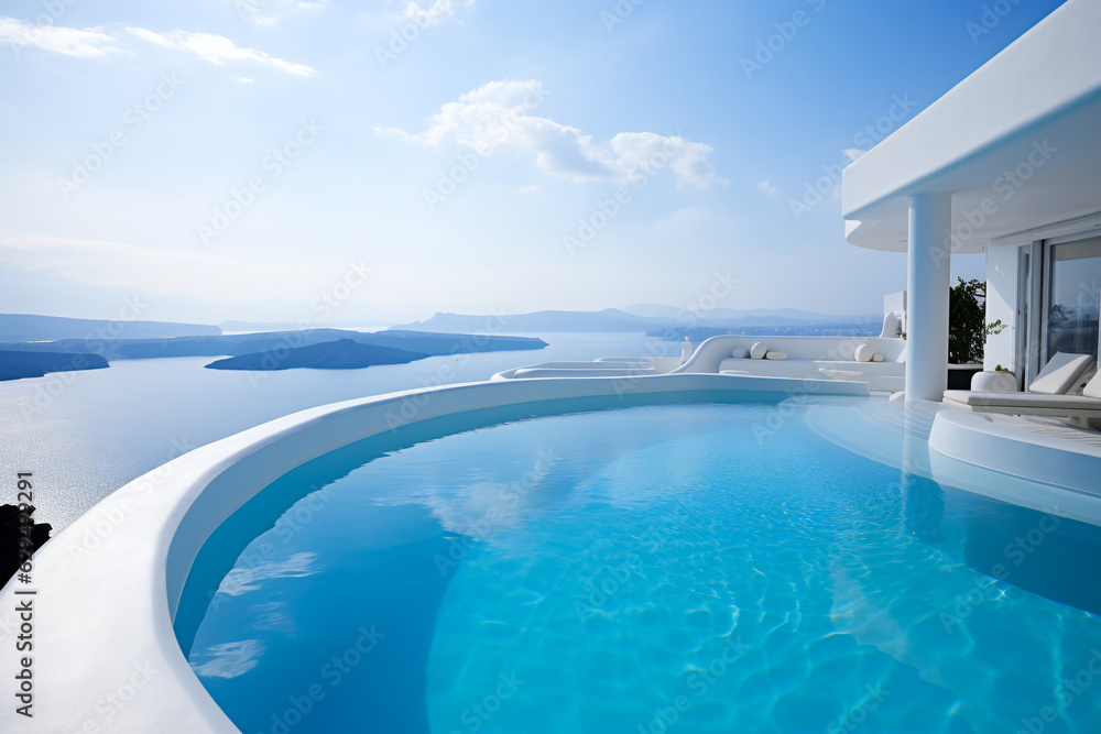 Fototapeta premium Blue infinity pool in a luxury resort on a Greek island in Cyclades, with magnificent view over Aegean sea