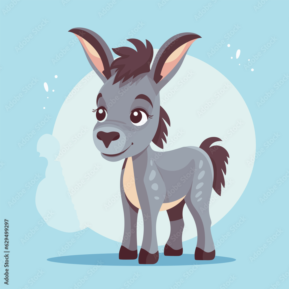 Cartoon donkey standing in front of blue background with white circle behind it.