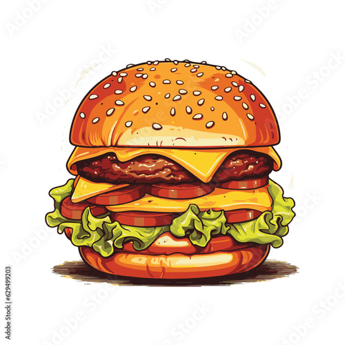 Hand drawn vector bread burger illustration with meatloaf tomato vegetarian dish, white background, delicious food for lunch and dinner, fast food