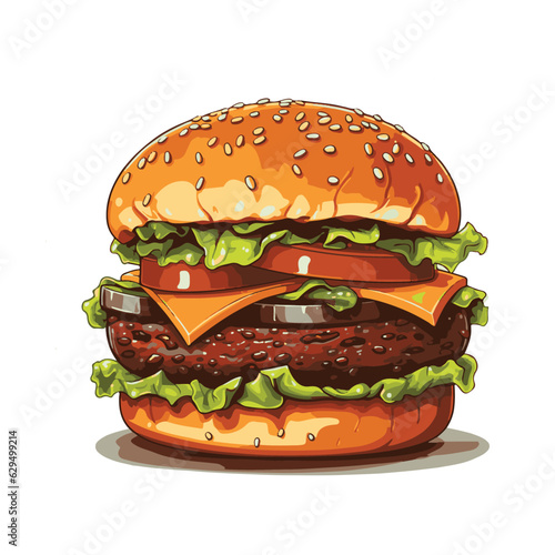 Hand drawn vector bread burger illustration with meatloaf tomato vegetarian dish, white background, delicious food for lunch and dinner, fast food