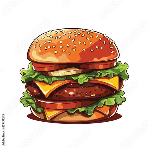 Hand drawn vector bread burger illustration with meatloaf tomato vegetarian dish, white background, delicious food for lunch and dinner, fast food