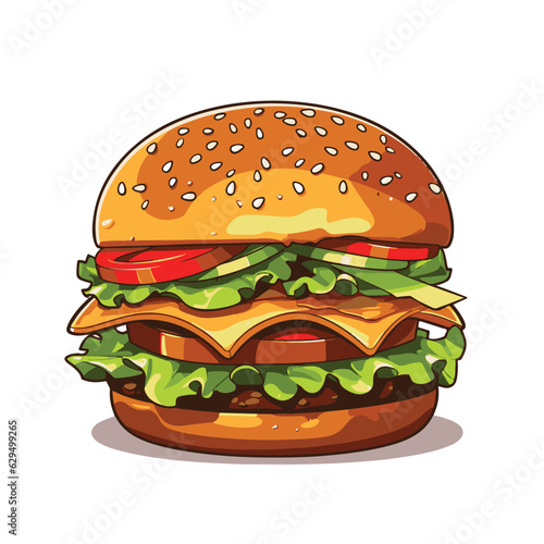 Hand drawn vector bread burger illustration with meatloaf tomato vegetarian dish, white background, delicious food for lunch and dinner, fast food