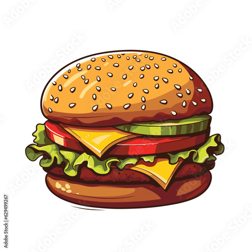 Hand drawn vector bread burger illustration with meatloaf tomato vegetarian dish, white background, delicious food for lunch and dinner, fast food