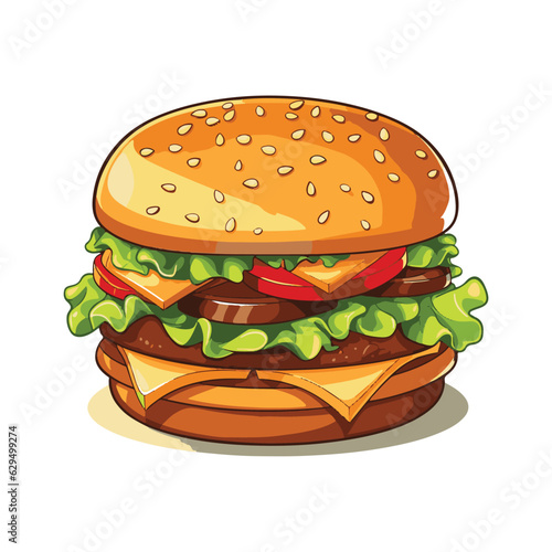 Hand drawn vector bread burger illustration with meatloaf tomato vegetarian dish, white background, delicious food for lunch and dinner, fast food