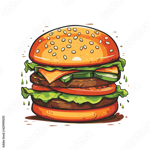 Hand drawn vector bread burger illustration with meatloaf tomato vegetarian dish, white background, delicious food for lunch and dinner, fast food