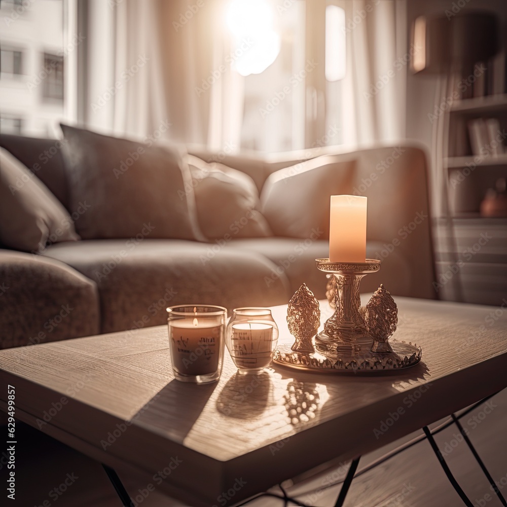 Cozy modern living room for relaxing, reading and comfort with candles and lamp. Generative AI.