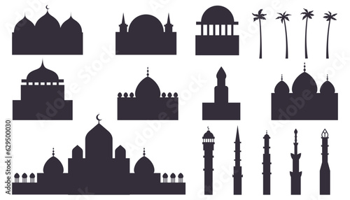 Muslim or arabic cityscape black silhouettes. Islamic city skyline with mosque and minaret Arabic architecture