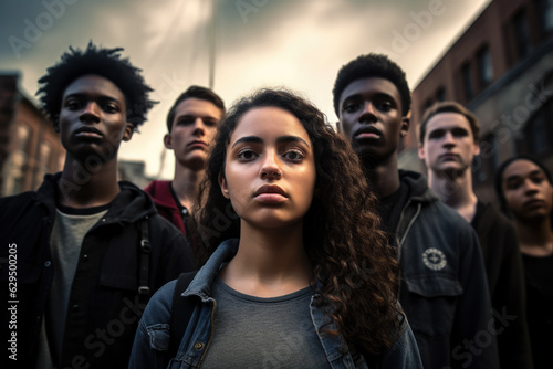Group of teenagers standing still in protest sign with his schoolmates. Stop racism at school concept image. Generative AI.