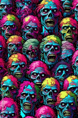 A retrowave synthwave illustration of colorful zombies. 