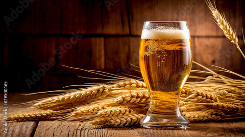 Light light lager in a glass on a wooden table against the background of wheat spikelets. AI Generated