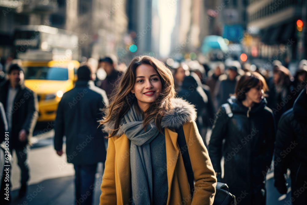 A woman wearing a yellow coat and a gray scarf with busy city street with people walking on the sidewalk A woman wearing a yellow coat and a gray scarf with busy city street with people walking on the sidewalk