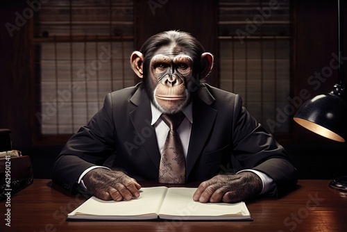 Canvas Print A chimp in a smart suit sits at a desk in an office.