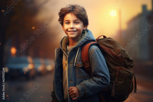 super realistic illustration of a happy boy on the way to school. With a backpack. back to school. learning is fun. created with AI