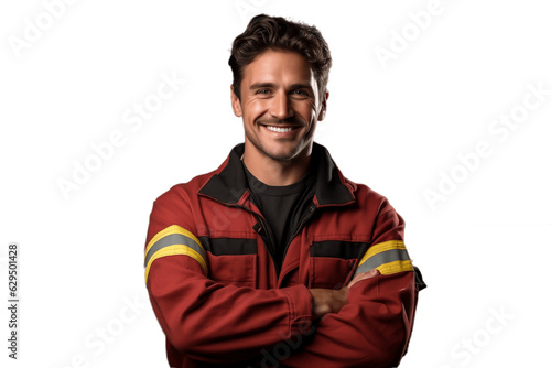 Happy Firefighter Crossing Arms Isolated on Transparent Background. AI