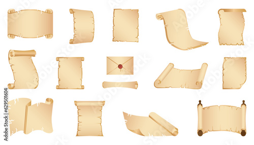 Vintage papyrus scroll collection. Ancient and antique scroll collection. Set of paper scroll