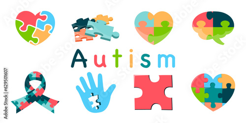 Autism puzzle element collection. Set of autistic puzzle element