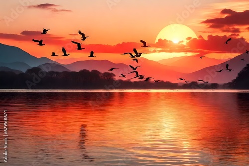 Beautiful nature landscape birds flock flying in a row over lake water red sun on the colorful sky during sunset over the mountains for background © Pretty Panda