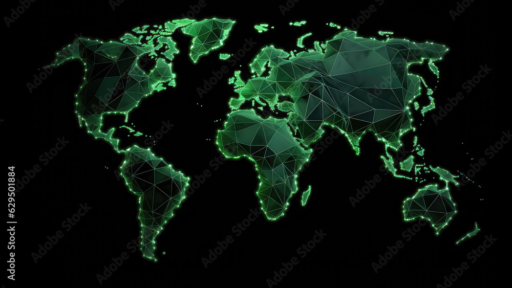 3d World map network connection glowing polygonal triangle neon lines on dark black background. World connection futuristic concept, website landing page template design. Generative AI 3d World map network connection glowing polygonal triangle neon lines on dark black background. World connection futuristic concept, website landing page template design. Generative AI