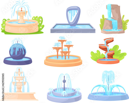 Cartoon decorative fountains. Outdoor isolated fountain with water jet or cascade bowl waterfalls, summer ornament decor for garden
