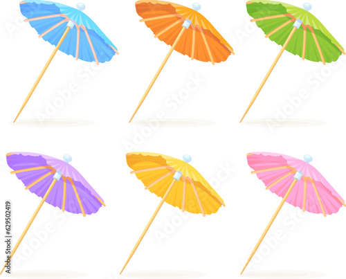 Paper cocktail umbrellas. Small colorful umbrella on toothpick for sweet drinks and summer beverages, decoration parasol in glass beach drink cocktails, neat vector illustration