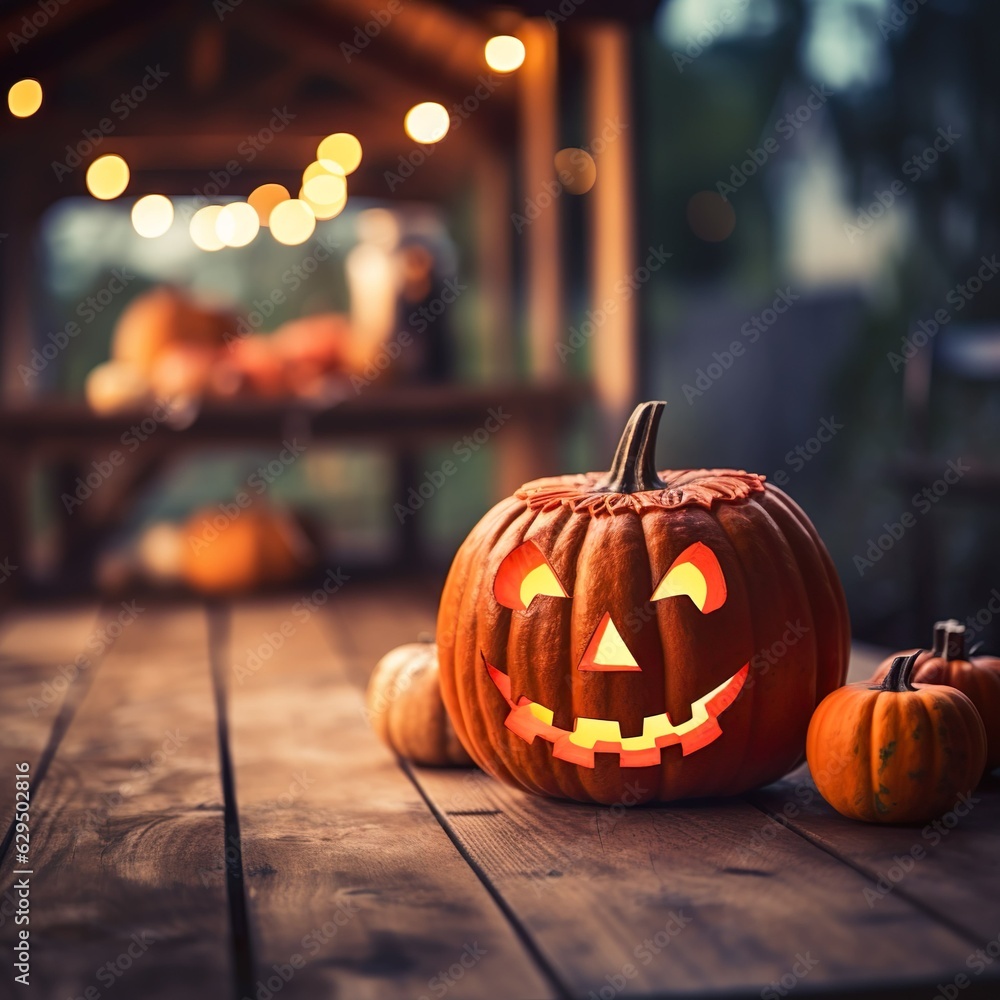 Fototapeta premium Halloween pumpkins and decorations outside a house ai generated
