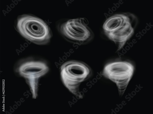 Realistic tornado. Typhoon effect, windstorm spin motion air wind blow twister whirlwind or swirl hurricane storm weather isolated twirl vortex turbulence exact vector illustration