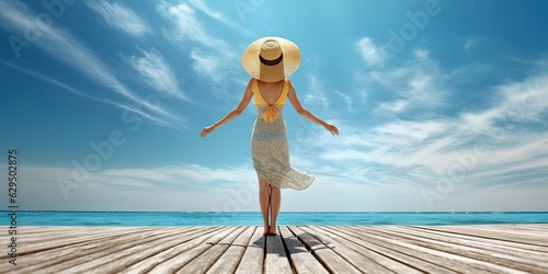 Travel concept. Beautiful woman standing on beach and sea with copy space