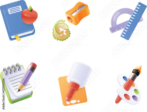 3d school stationery. Render study elements for student education equipment or office writing tools, glue isolated item sharpener ruler, isometric icon exact vector illustration