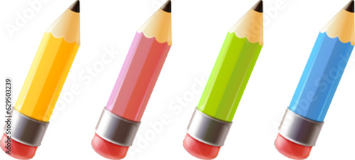 Render pencils. 3d color isolated writing pencil with eraser and sharp graphite for drawing idea art writer tool, school stationery yellow instrument exact vector illustration