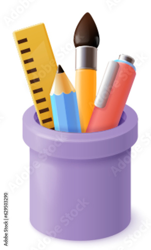 3d pencil cup. Stationery pencils container with office supplies, render school holder case for pen ruler education desk items, realistic isometric exact vector illustration