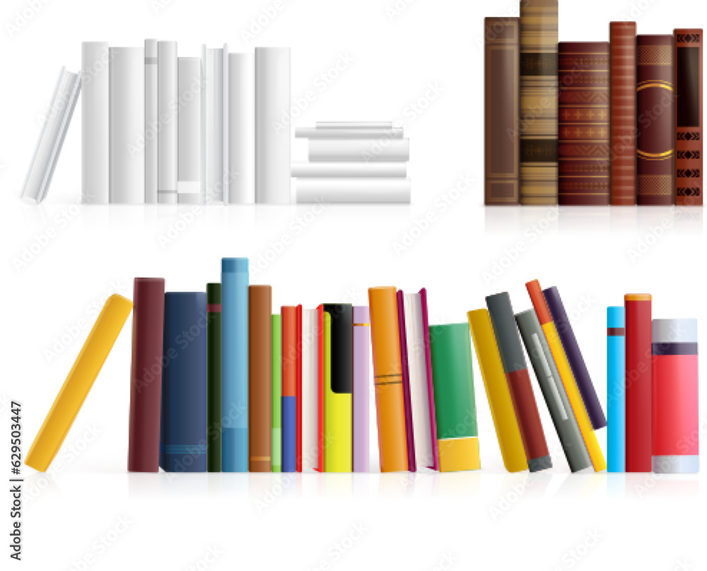 Realistic book row. 3d standing hardcover books with spine side view