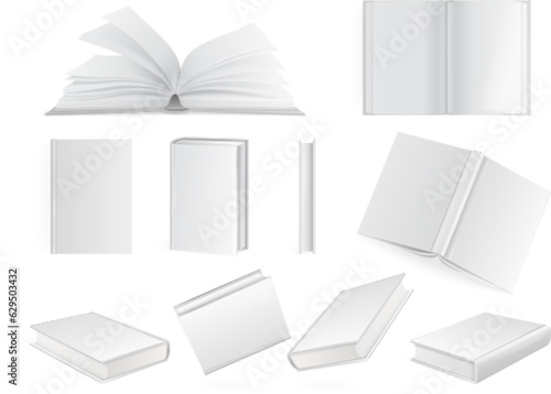 Realistic hardcover books. Blank book mockup with empty pages sample, open closed 3d diary or softcover notebooks booklet