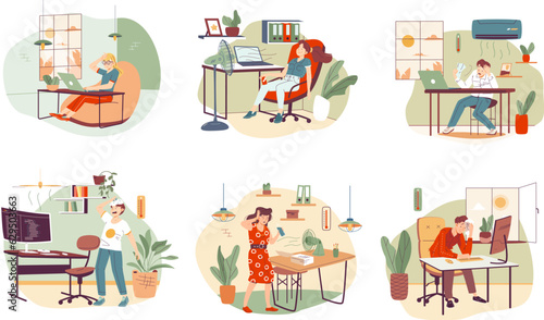 People working in heat. Exhausted employee suffering heatwave of sweltering office, sweating worker on warm workplace difficult work at hot temperature, garish vector illustration