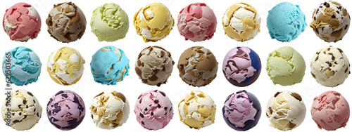 set of delicious ice cream balls / scoops, isolated on transparent background cutout - png - different flavors mockup for design - image compositing footage - alpha channel